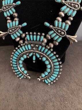 Turquoise Zuni-Inspired Squash Blossom Necklace Set - Fashion Jewelry